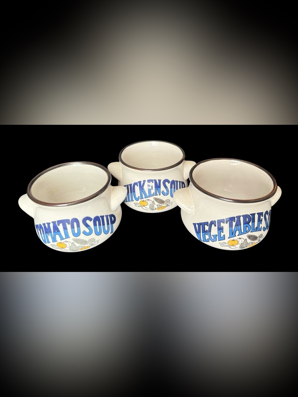 Stoneware Vegetable Chicken Tomato Soup Bowl Mug Set Of 3 Vintage 12oz